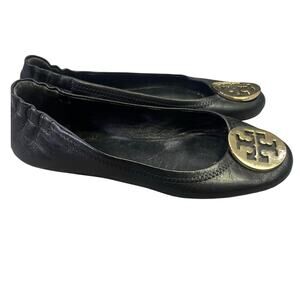 TORY BURCH Reva Black Leather Metal Medallion Logo Ballet Ballerina‎ Flats Sz 6